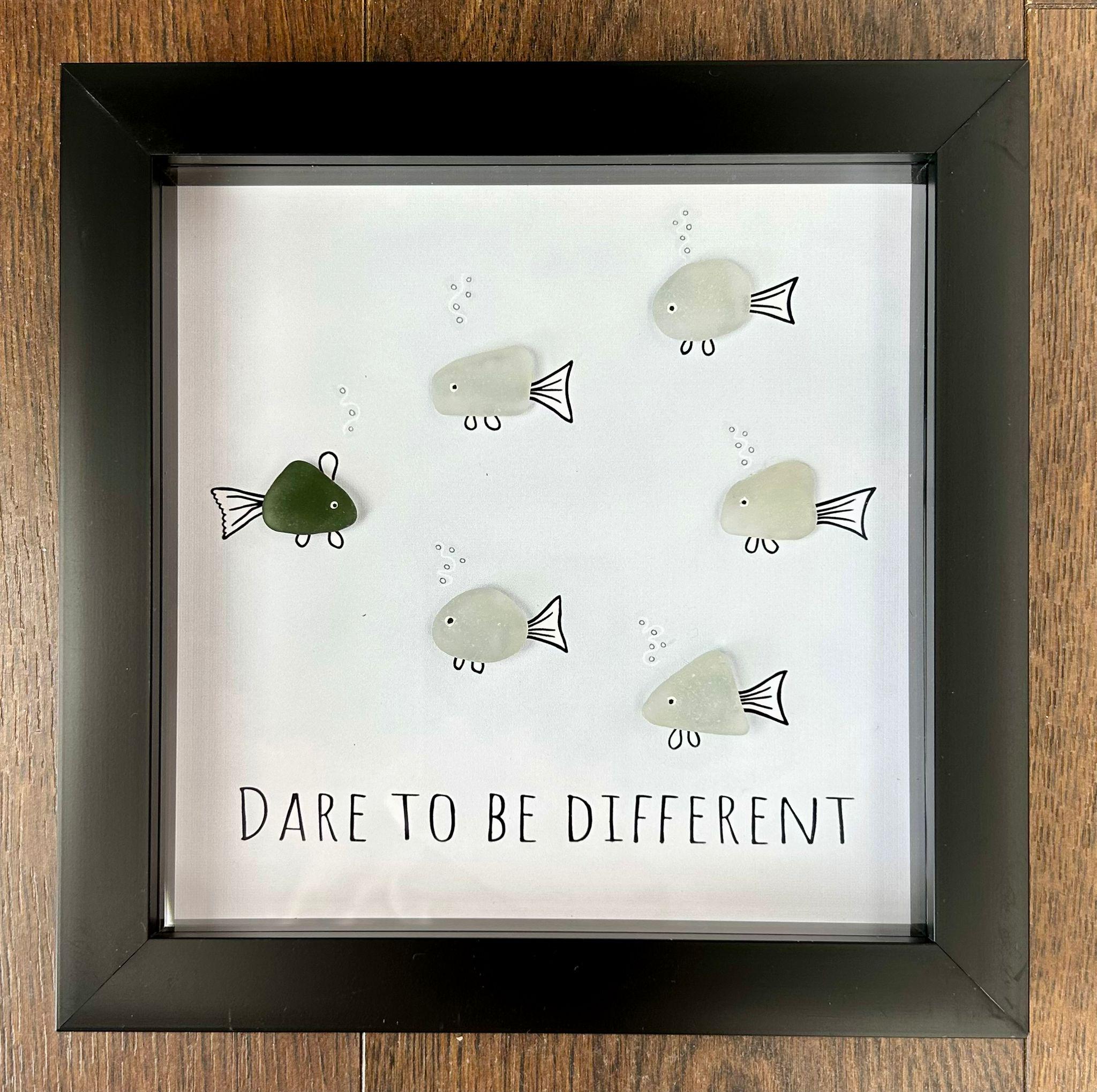 Handmade Sea Glass Fish Art – Coastal Gift in 7x7 Frame – “Dare to Be Different”