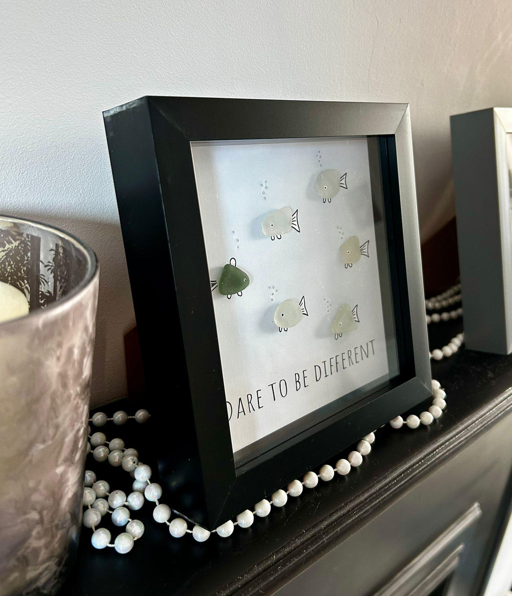 Handmade Sea Glass Fish Art – Coastal Gift in 7x7 Frame – “Dare to Be Different”