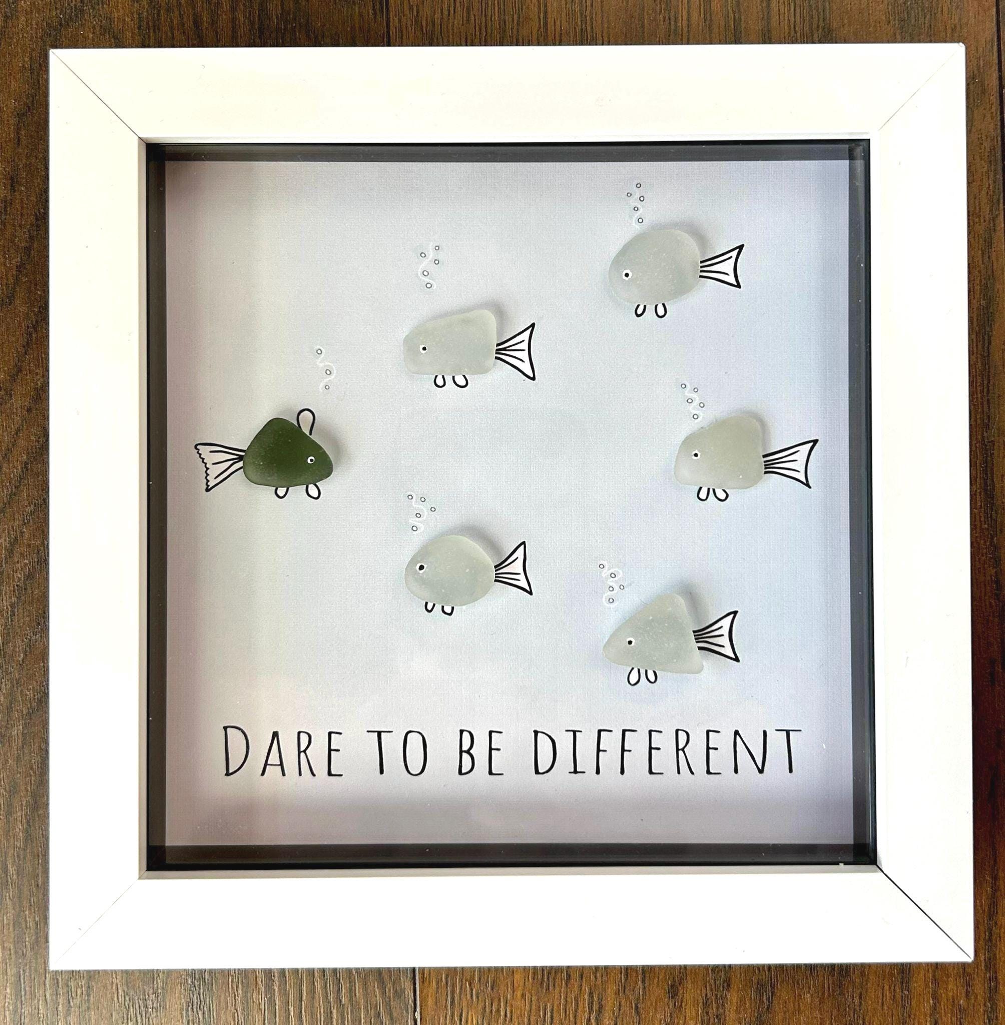 Handmade Sea Glass Fish Art – Coastal Gift in 7x7 Frame – “Dare to Be Different”