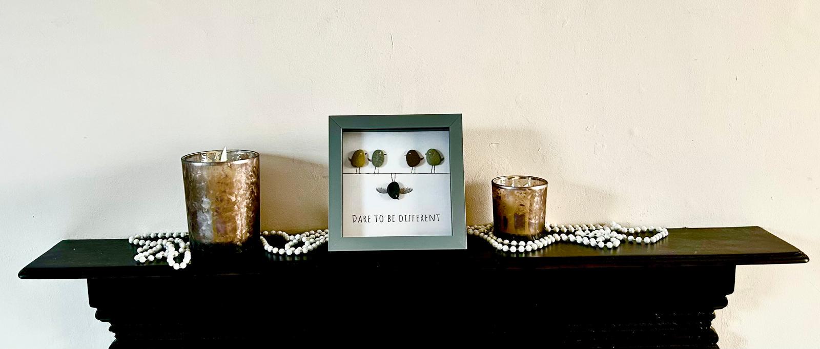 Handmade Pebble Bird Art – Coastal Decor in 7x7 Frame – “Dare to Be Different” Gift