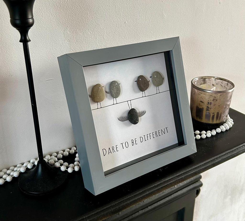 Handmade Pebble Bird Art – Coastal Decor in 7x7 Frame – “Dare to Be Different” Gift