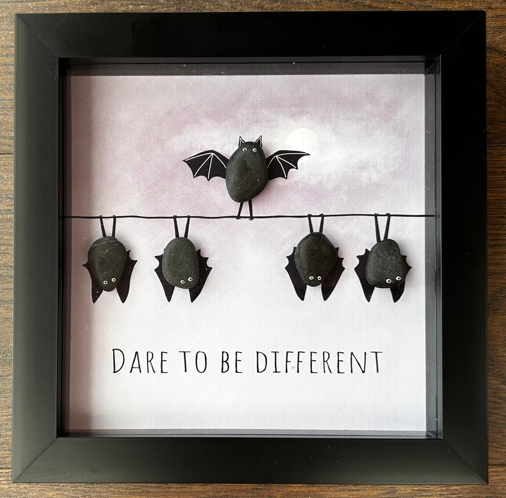 Pebble Bat Art: Quirky Halloween Decor in 7x7 Frame – Dare to Be Different