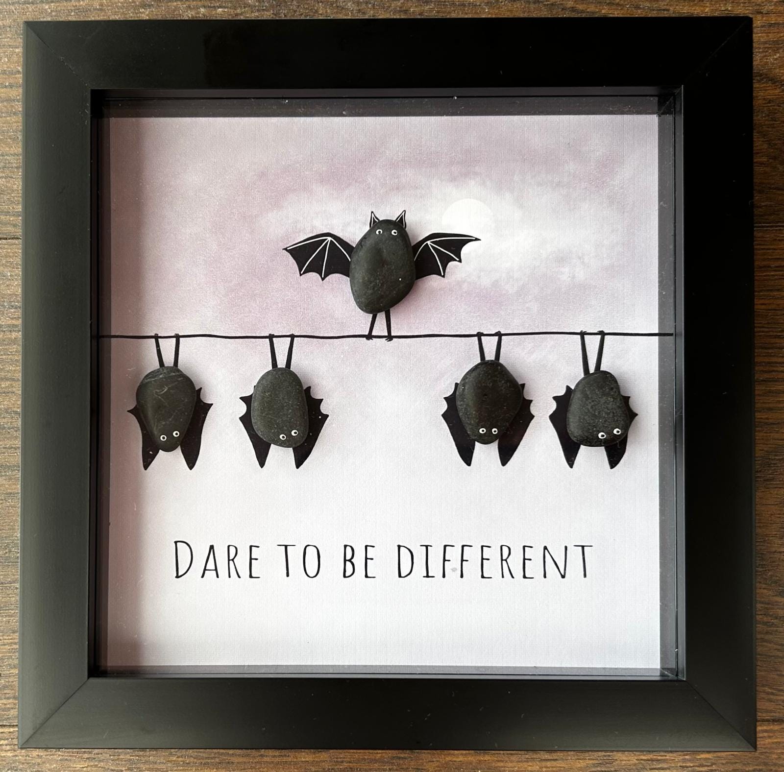 Pebble Bat Art: Quirky Halloween Decor in 7x7 Frame – Dare to Be Different