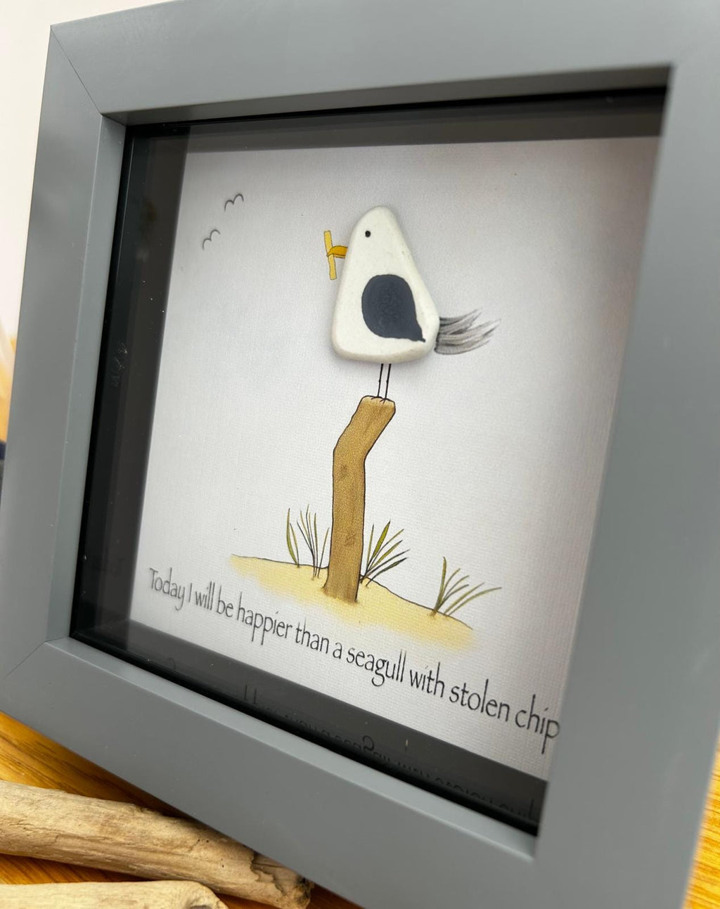 Pebble Seagull Stealing Chip Art – Quirky Handmade Coastal Wall Picture – Humorous UK Gift