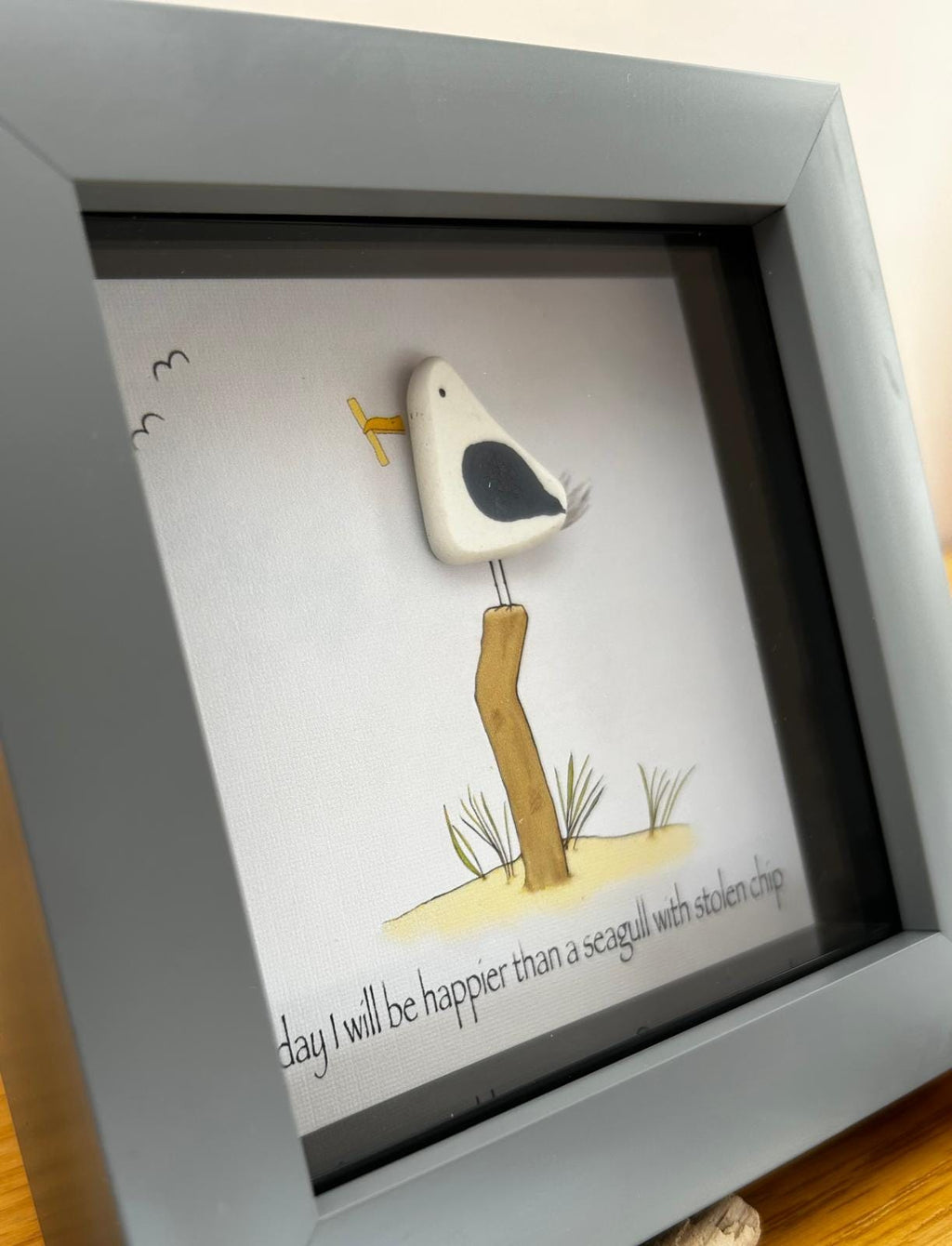 Pebble Seagull Stealing Chip Art – Quirky Handmade Coastal Wall Picture – Humorous UK Gift
