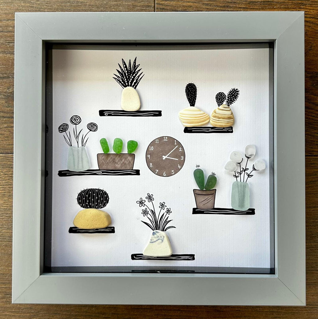 Sea Glass Plant Shelf Art: Coastal Pebble Flower Picture
