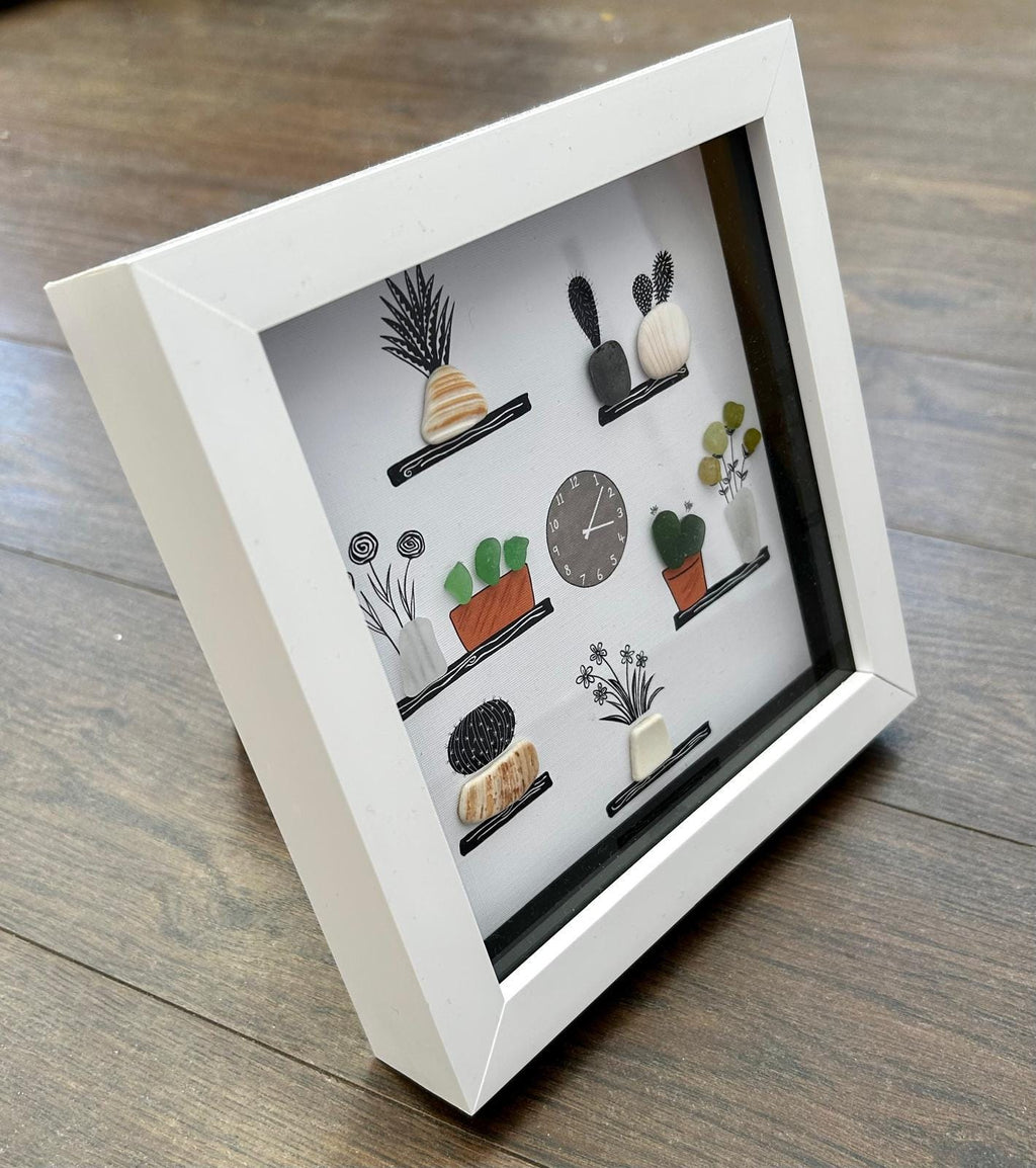 Sea Glass & pebble Plant Shelf Art: Handmade Coastal Pebble Picture