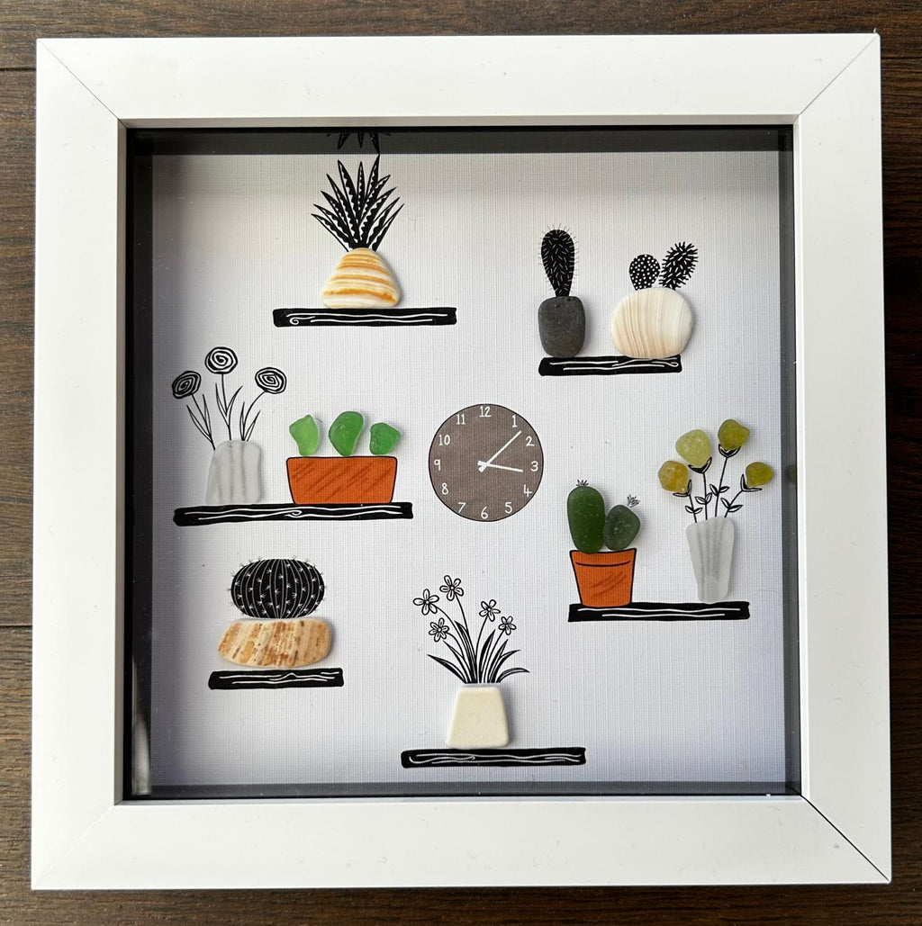 Sea Glass & pebble Plant Shelf Art: Handmade Coastal Pebble Picture