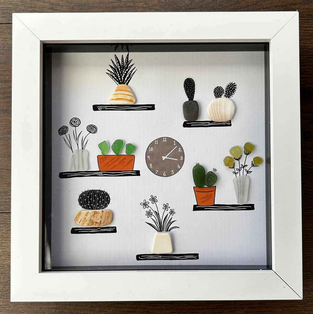 Sea Glass & pebble Plant Shelf Art: Handmade Coastal Pebble Picture