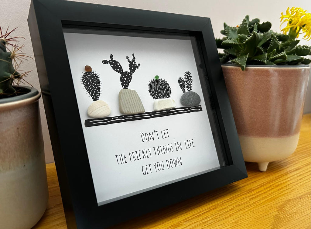 Sea Glass Cactus Art: Coastal Decor with Uplifting Quote