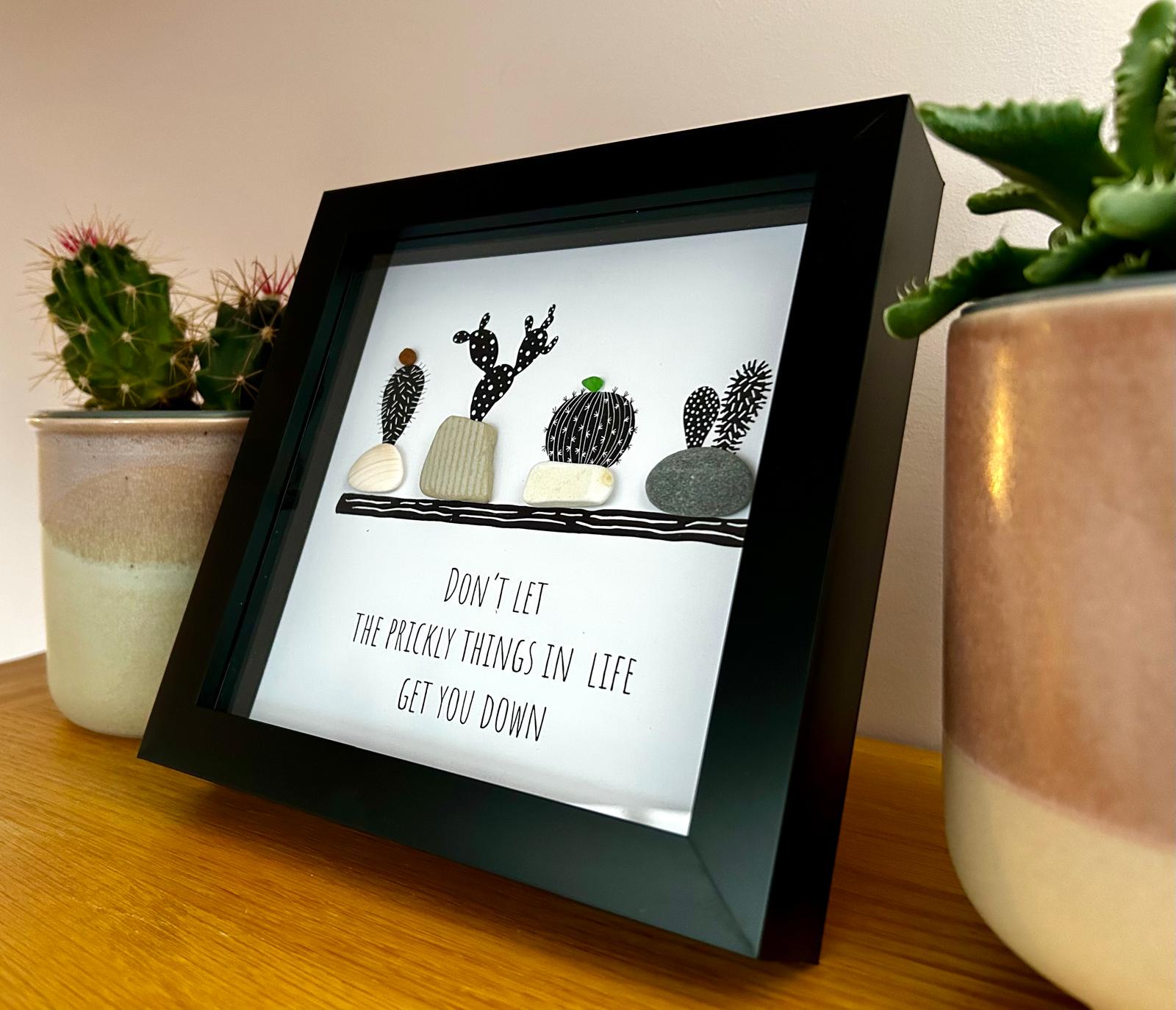 Sea Glass Cactus Art: Coastal Decor with Uplifting Quote