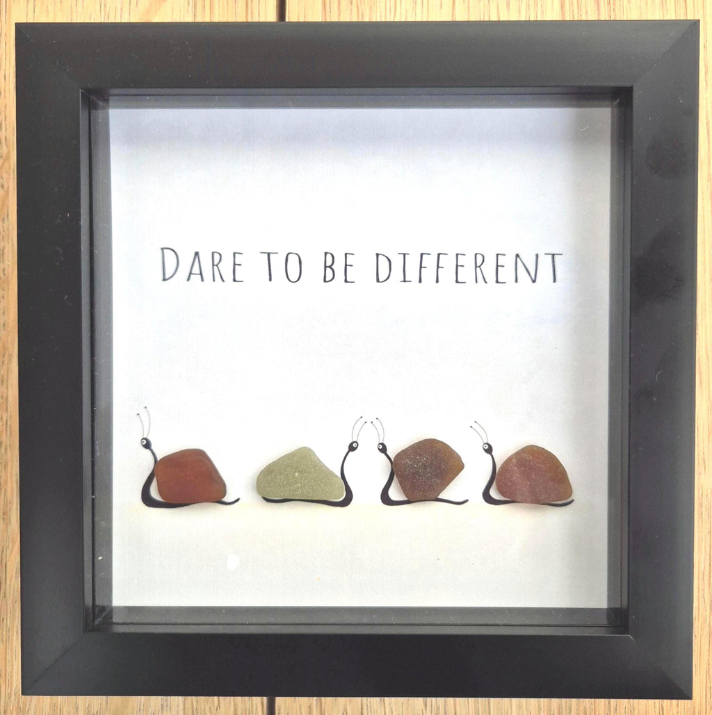 Sea Glass Snail Art – Quirky Coastal Gift in 7x7 Frame – “Dare to Be Different”