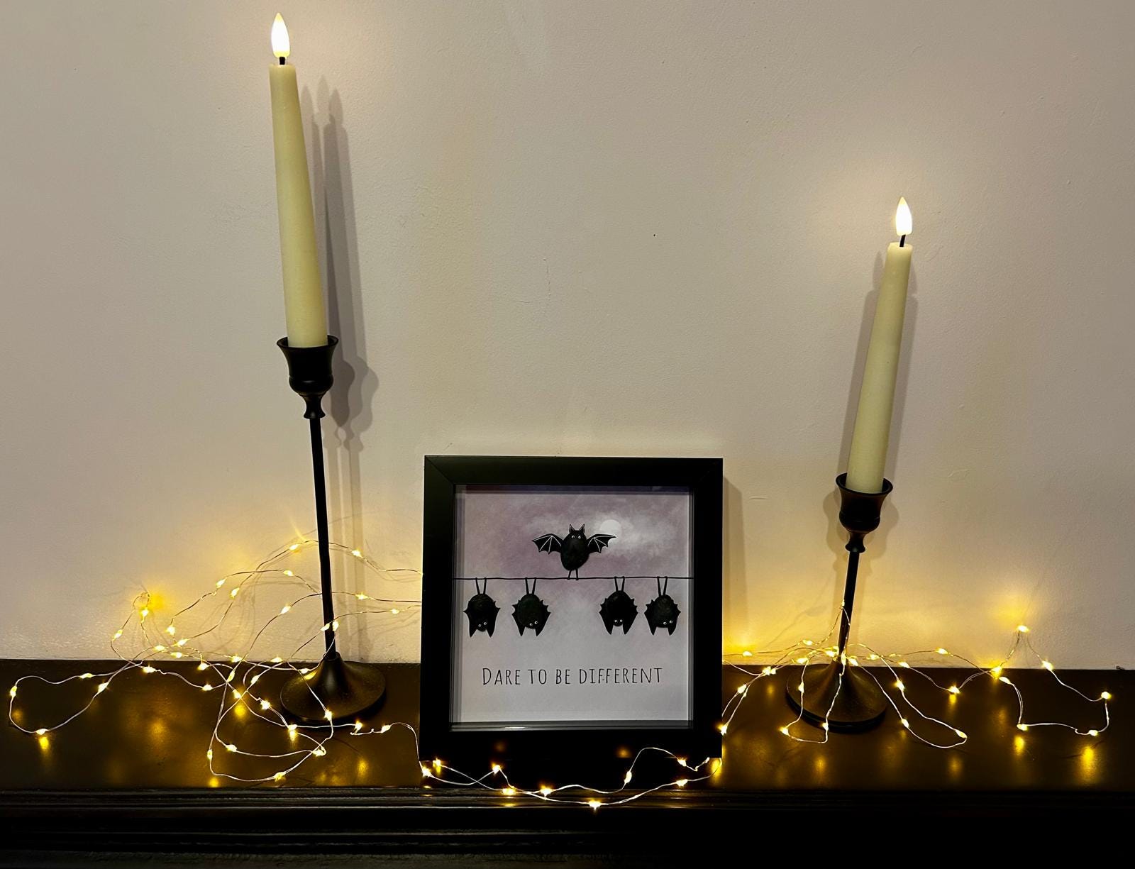 Pebble Bat Art: Quirky Halloween Decor in 7x7 Frame – Dare to Be Different