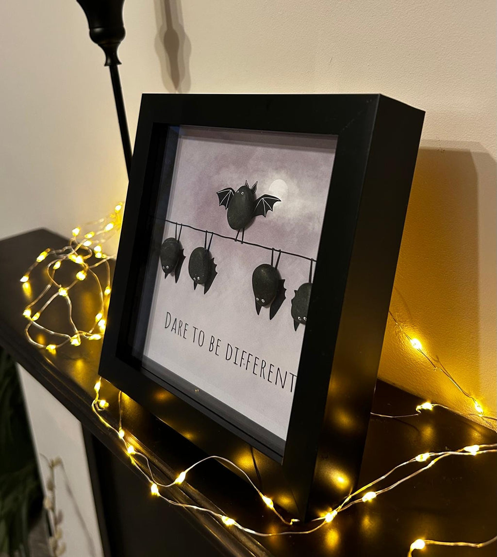 Pebble Bat Art: Quirky Halloween Decor in 7x7 Frame – Dare to Be Different