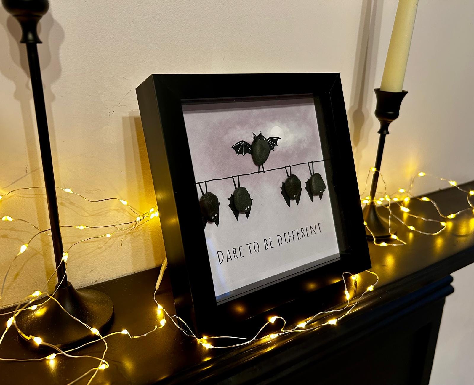 Pebble Bat Art: Quirky Halloween Decor in 7x7 Frame – Dare to Be Different