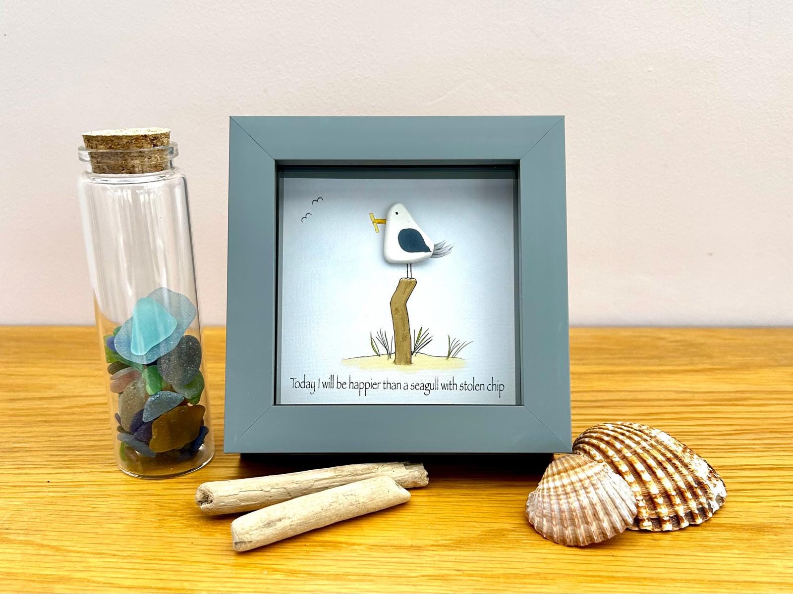 Pebble Seagull Stealing Chip Art – Quirky Handmade Coastal Wall Picture – Humorous UK Gift