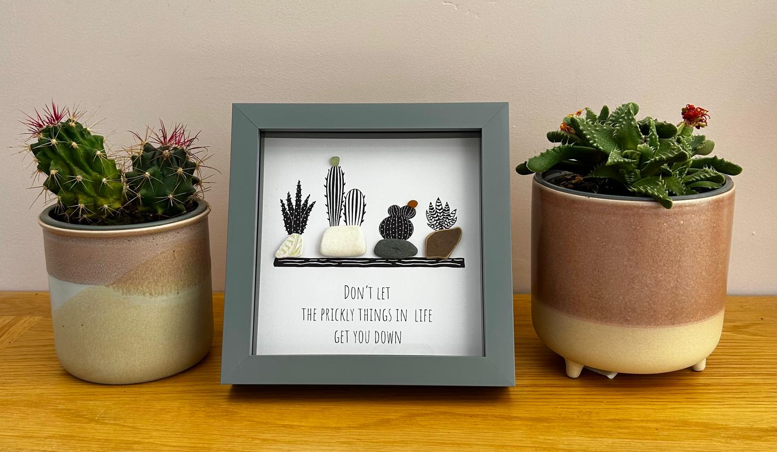 Sea Glass Cactus Art: Coastal Decor with Uplifting Quote - Style 2
