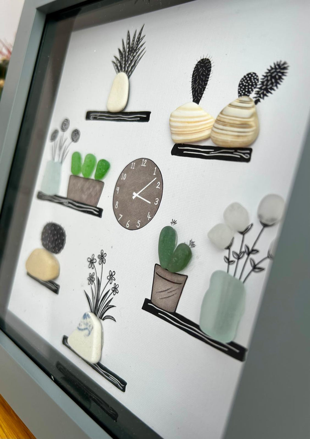 Sea Glass Plant Shelf Art: Coastal Pebble Flower Picture