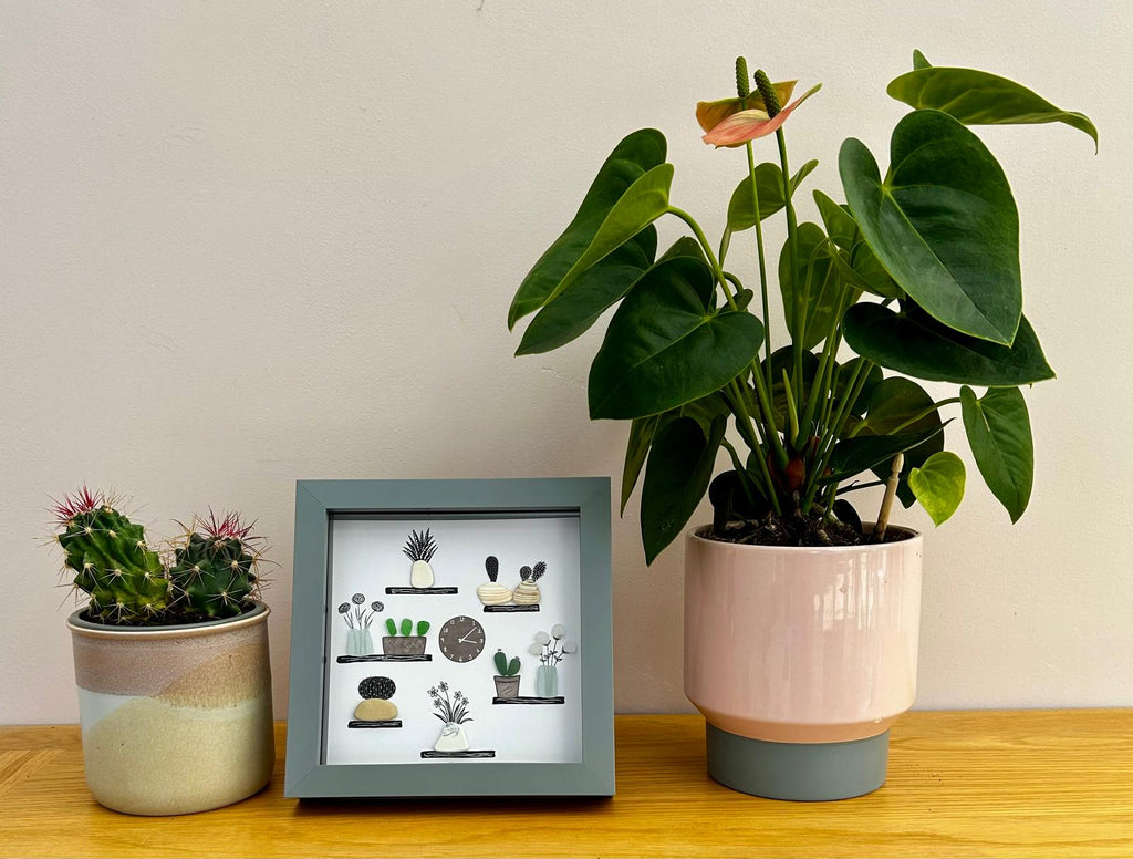 Sea Glass Plant Shelf Art: Coastal Pebble Flower Picture