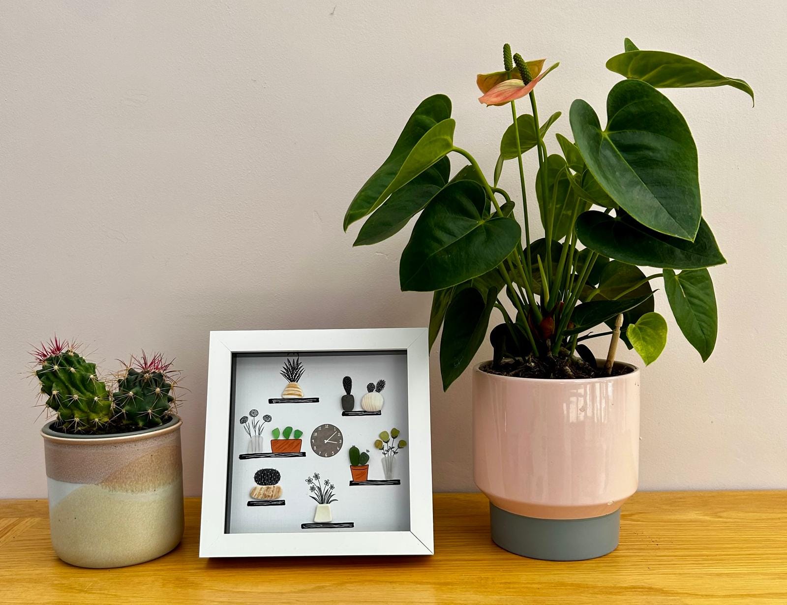 Sea Glass & pebble Plant Shelf Art: Handmade Coastal Pebble Picture