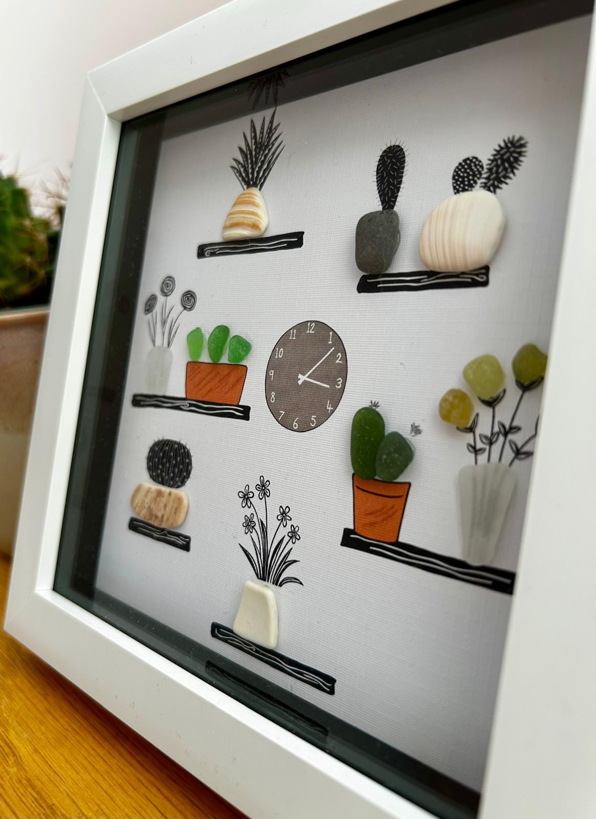 Sea Glass & pebble Plant Shelf Art: Handmade Coastal Pebble Picture