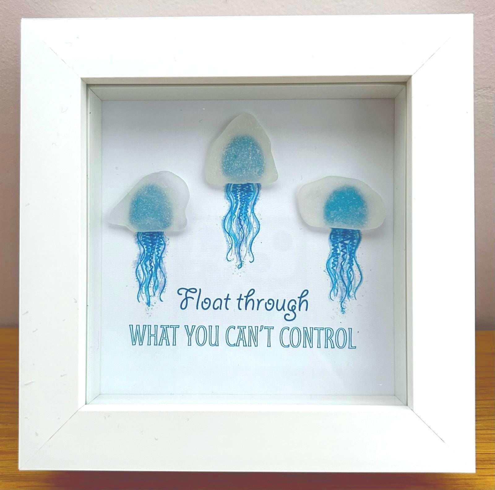 Sea Glass Jellyfish Art: Coastal Picture with Calming Quote