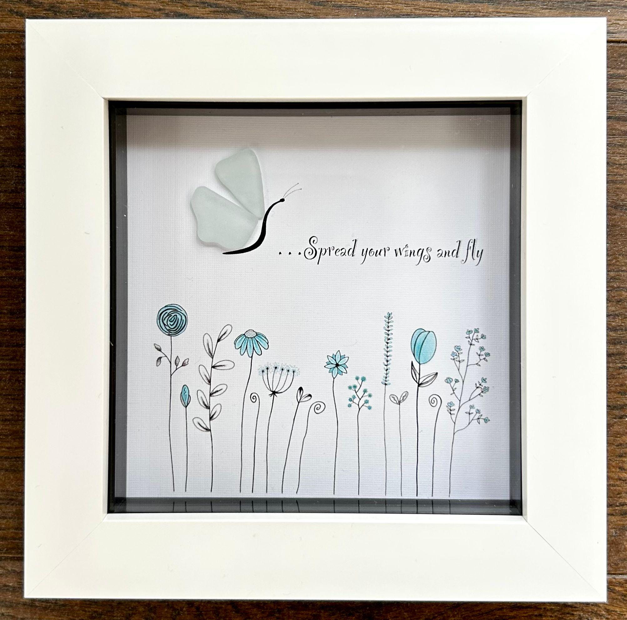 Sea Glass Butterfly – Coastal Picture with Quote – “Spread Your Wings and Fly” – Uplifting Gift