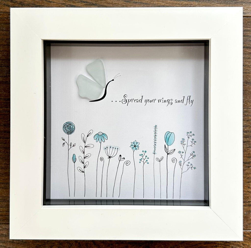Sea Glass Butterfly – Coastal Picture with Quote – “Spread Your Wings and Fly” – Uplifting Gift