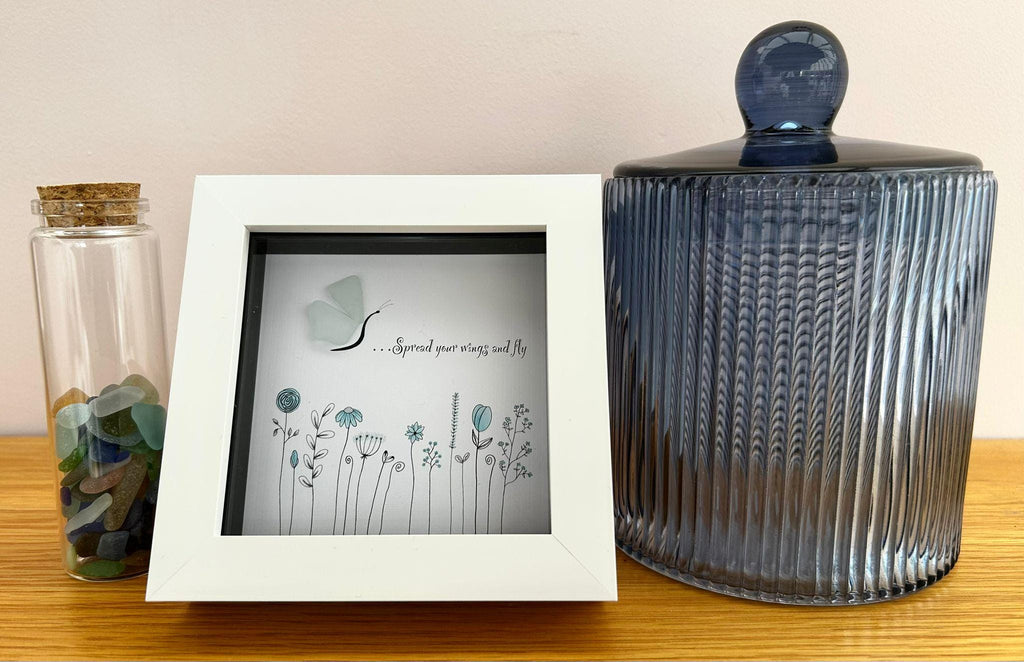 Sea Glass Butterfly – Coastal Picture with Quote – “Spread Your Wings and Fly” – Uplifting Gift