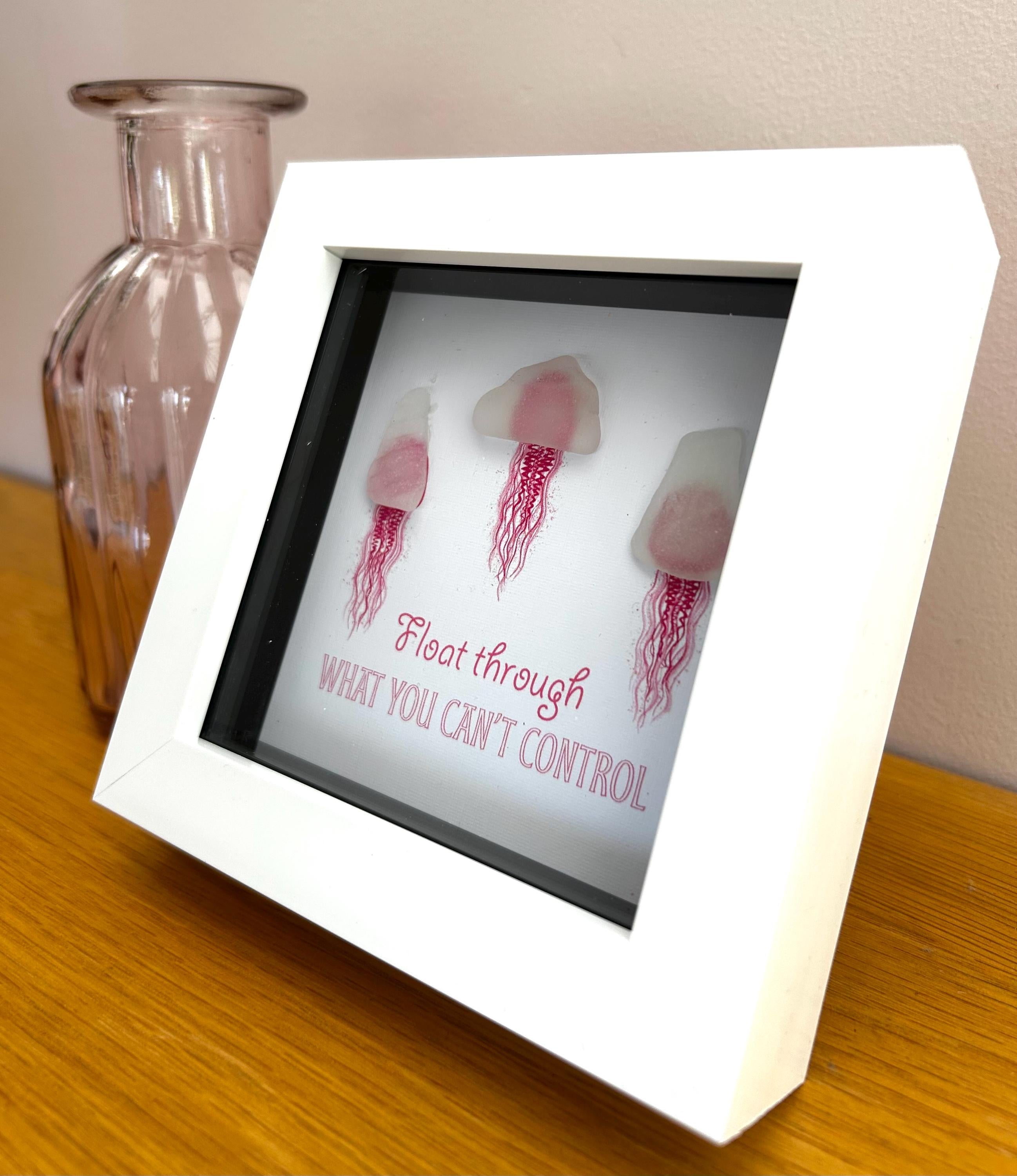 Sea Glass Jellyfish Art: Coastal Handmade Picture with Quote