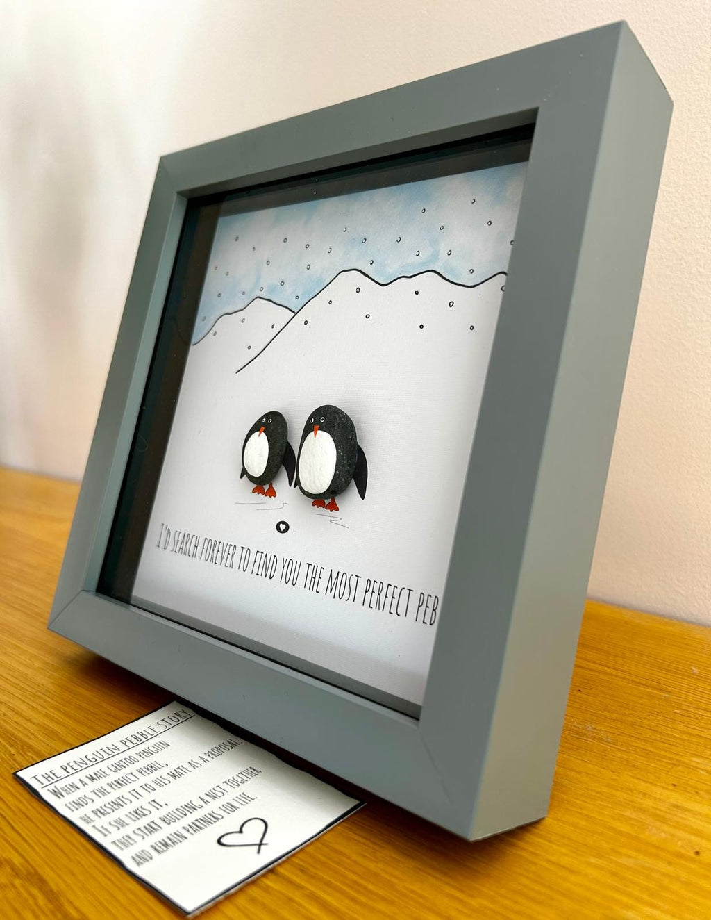Pebble Penguins: Romantic Coastal Decor in 7x7 Frame – Sweet Quote
