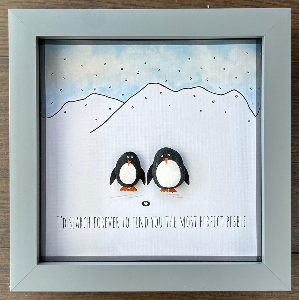 Pebble Penguins: Romantic Coastal Decor in 7x7 Frame – Sweet Quote