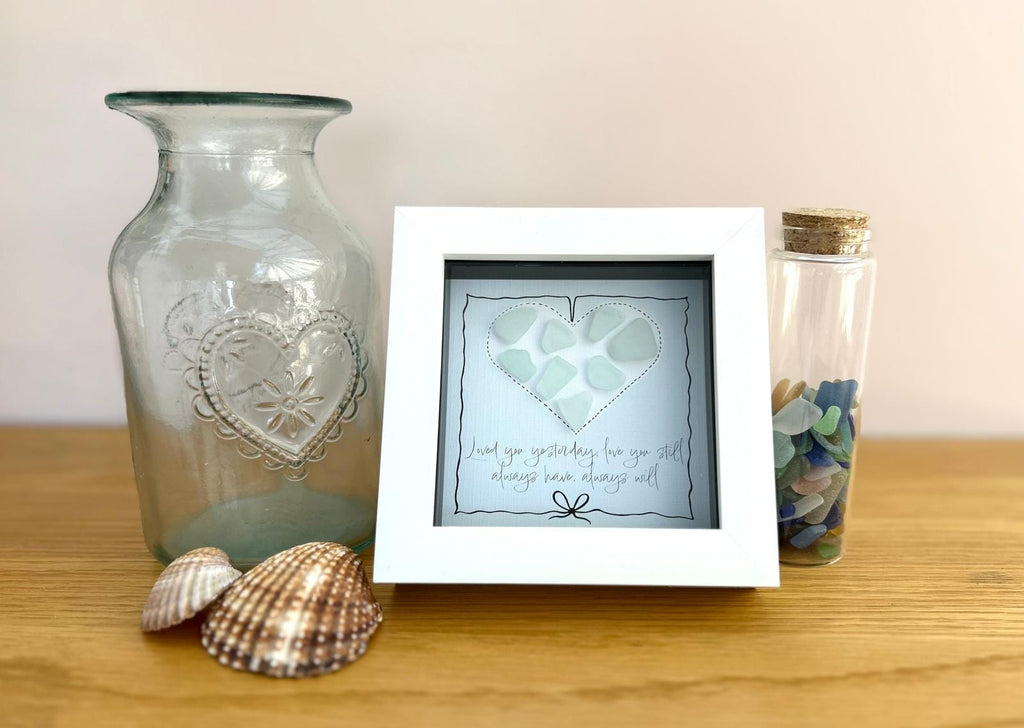 Sea Glass Love Quote Art – Handmade 5x5 Green Coastal Picture Romantic Cornish Gift White
