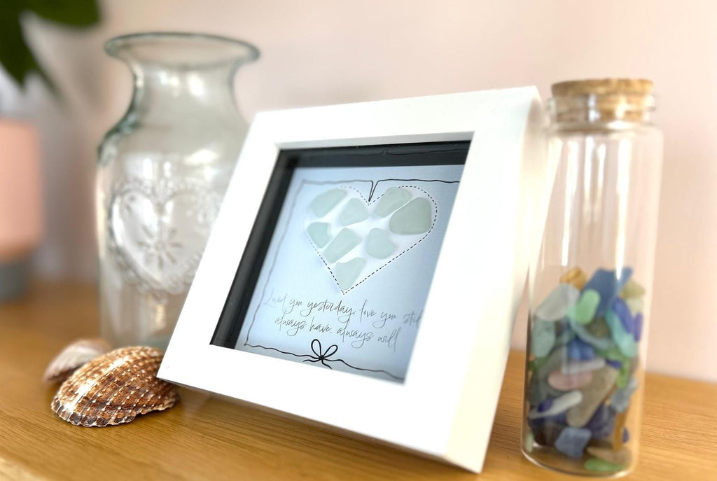 Sea Glass Love Quote Art – Handmade 5x5 Green Coastal Picture Romantic Cornish Gift White