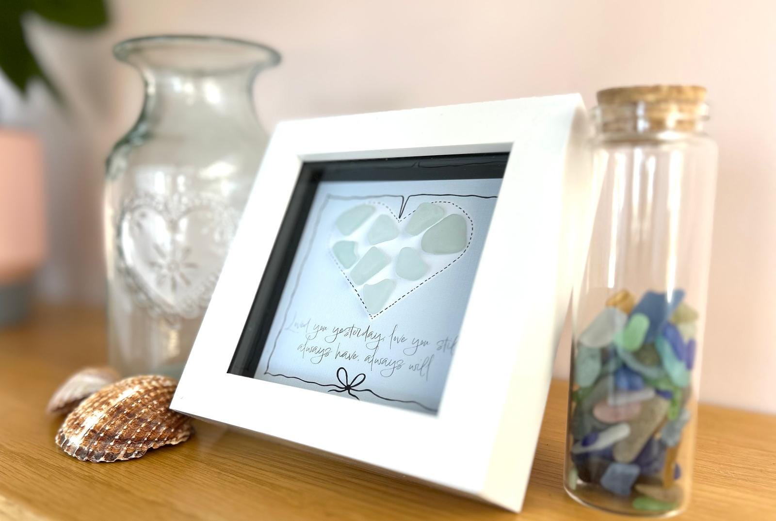Sea Glass Love Quote Art – Handmade 5x5 Green Coastal Picture Romantic Cornish Gift White