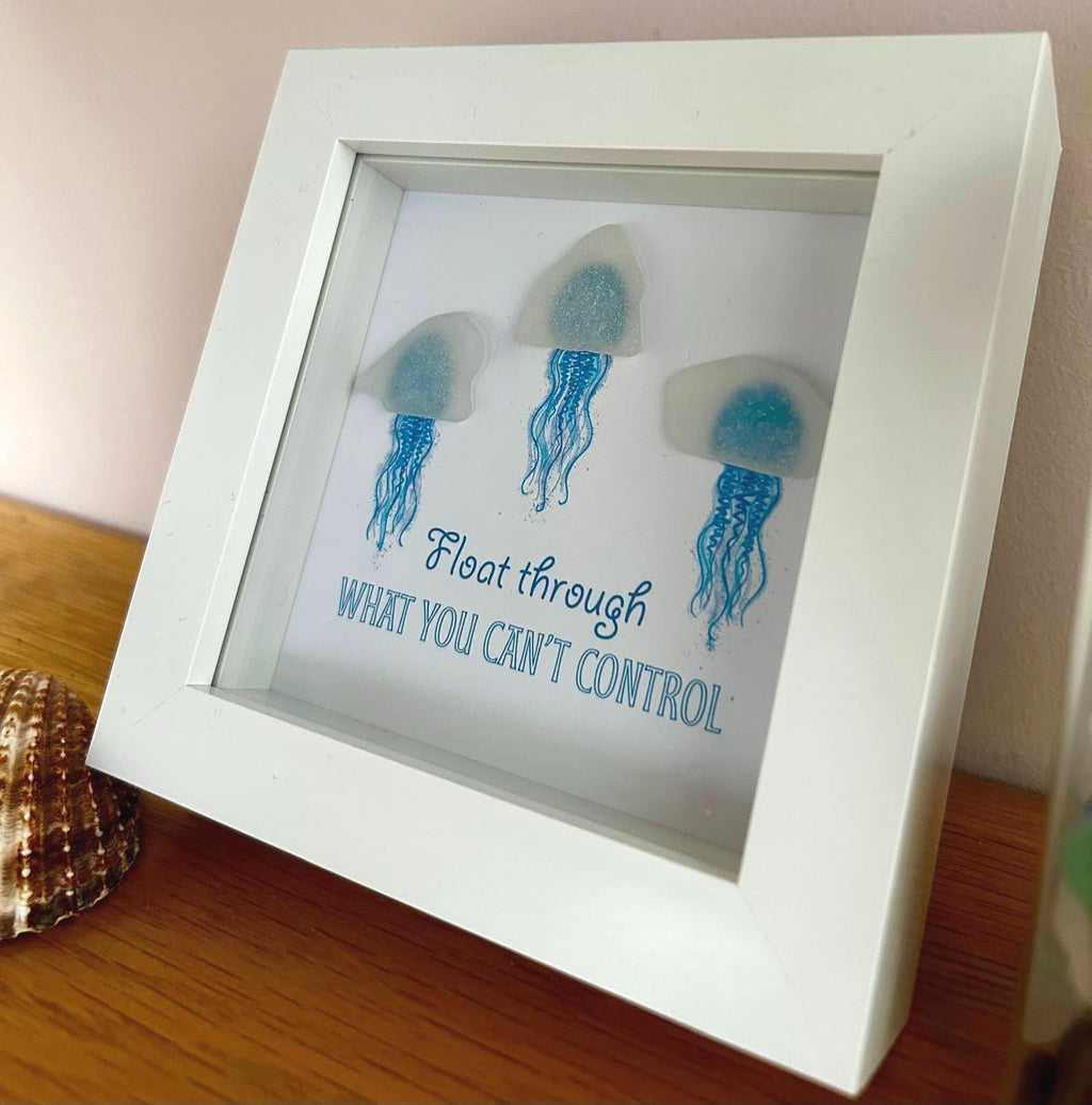 Sea Glass Jellyfish Art: Coastal Picture with Calming Quote