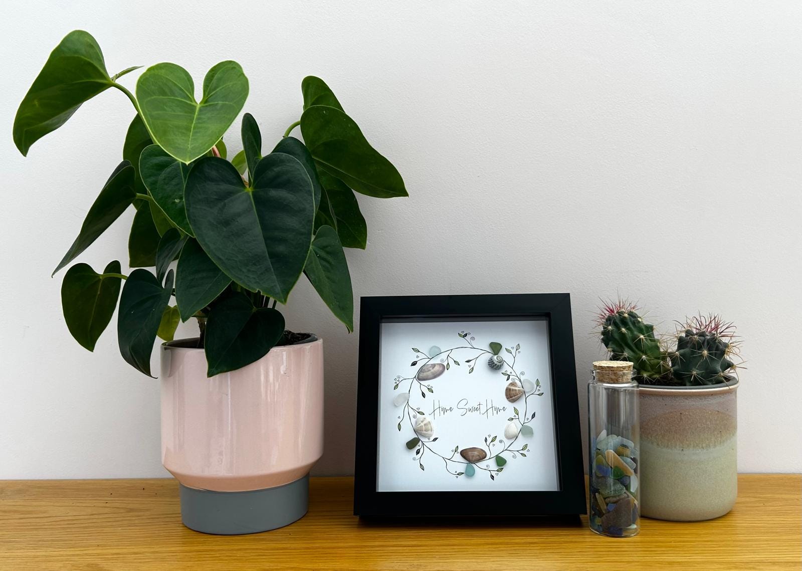 Handmade Sea Glass Shell Wreath – Coastal “Home Sweet Home” Framed Art