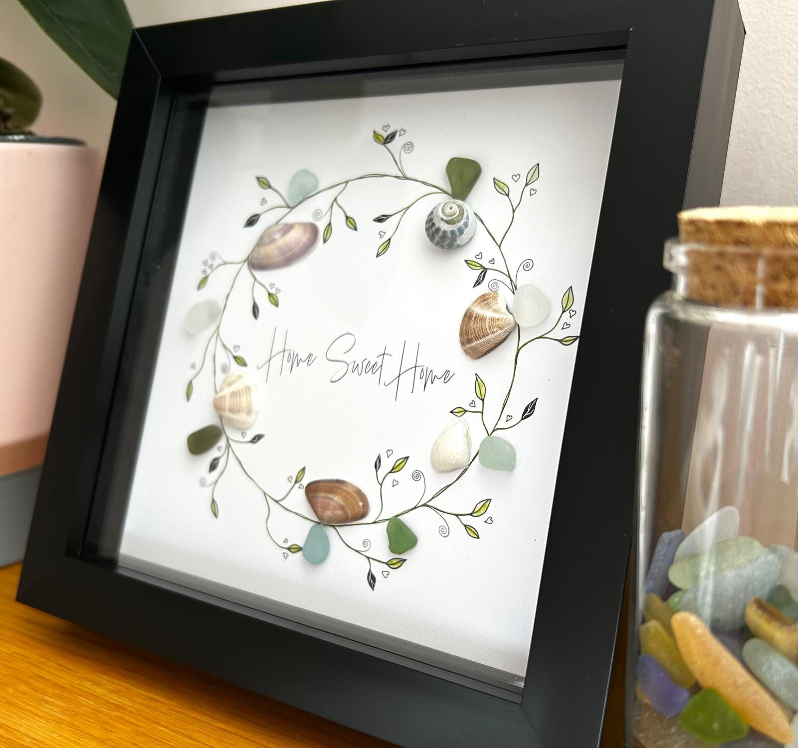 Handmade Sea Glass Shell Wreath – Coastal “Home Sweet Home” Framed Art