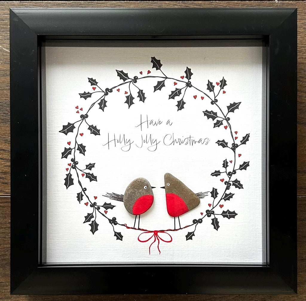 Handmade Pebble Robin Christmas Art – Holly Wreath, UK Artist