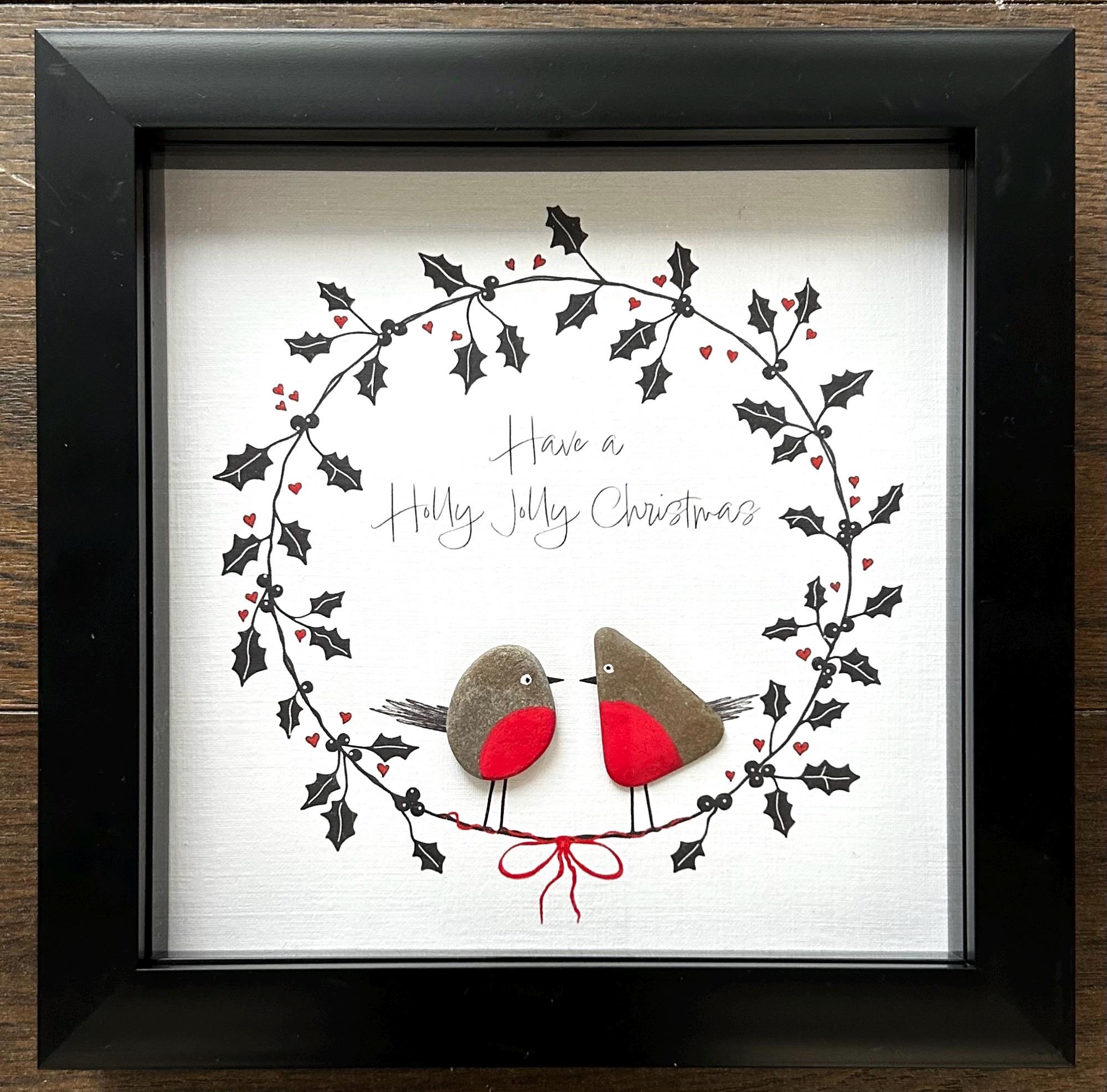 Handmade Pebble Robin Christmas Art – Holly Wreath, UK Artist