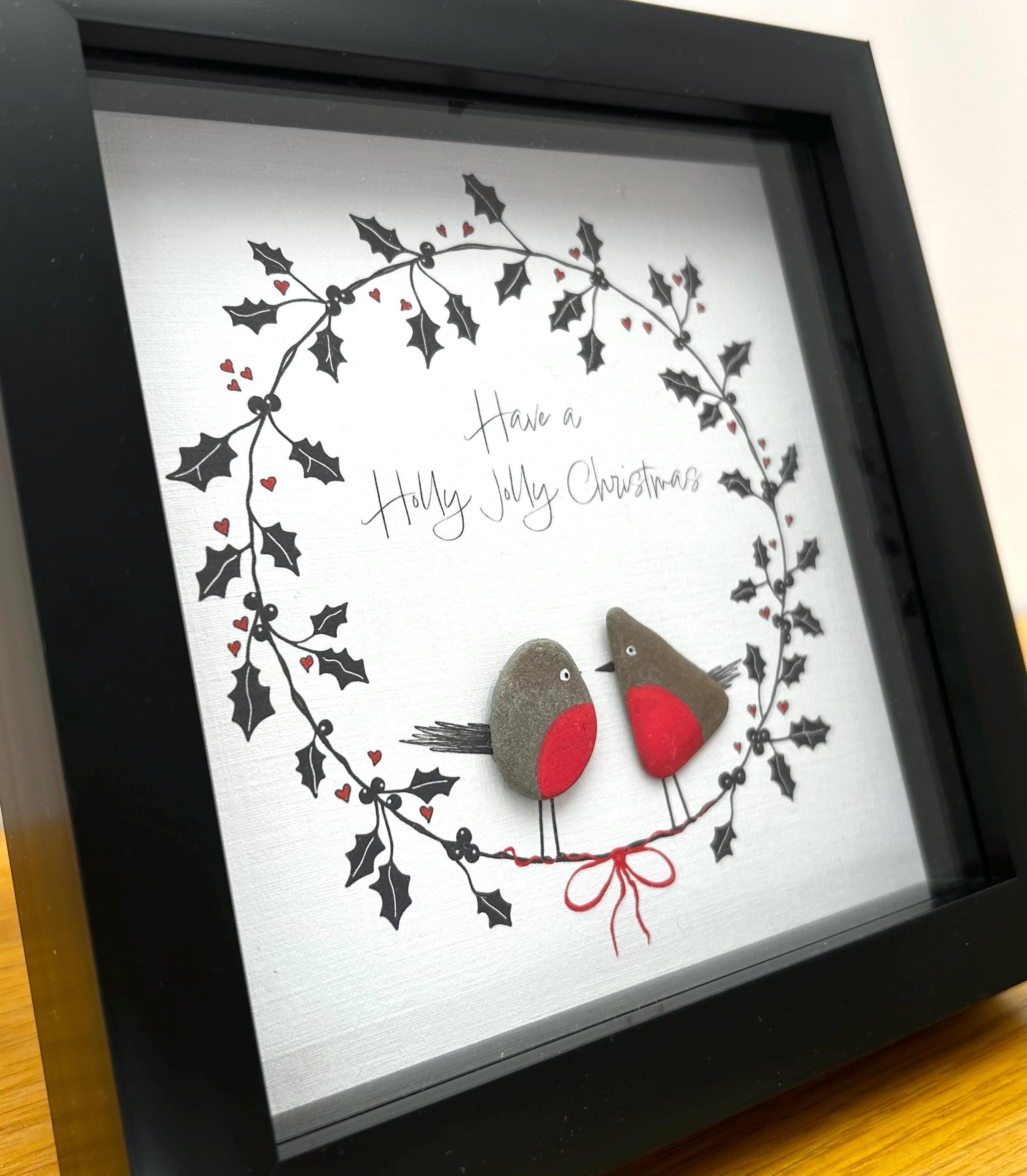 Handmade Pebble Robin Christmas Art – Holly Wreath, UK Artist