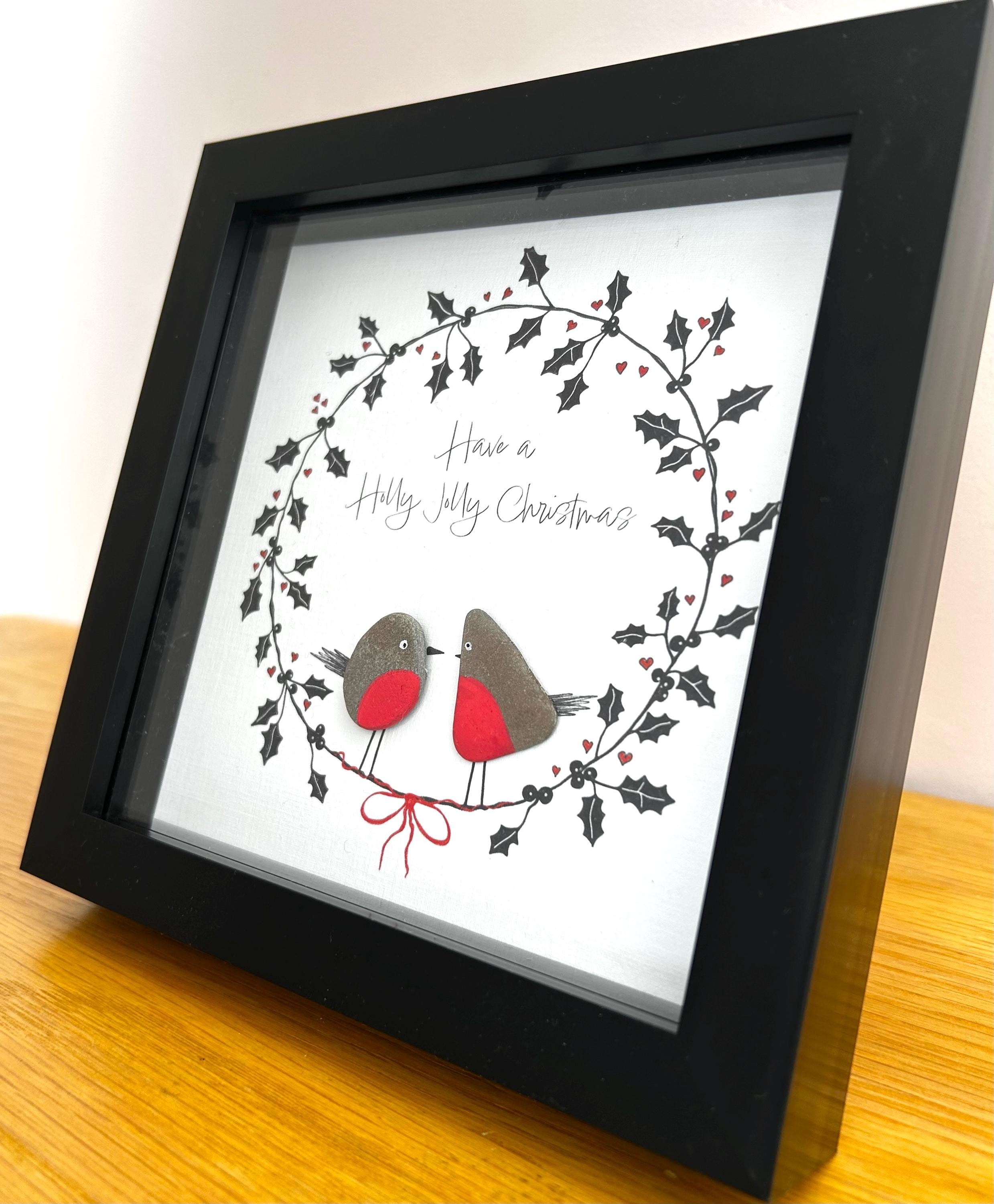 Handmade Pebble Robin Christmas Art – Holly Wreath, UK Artist