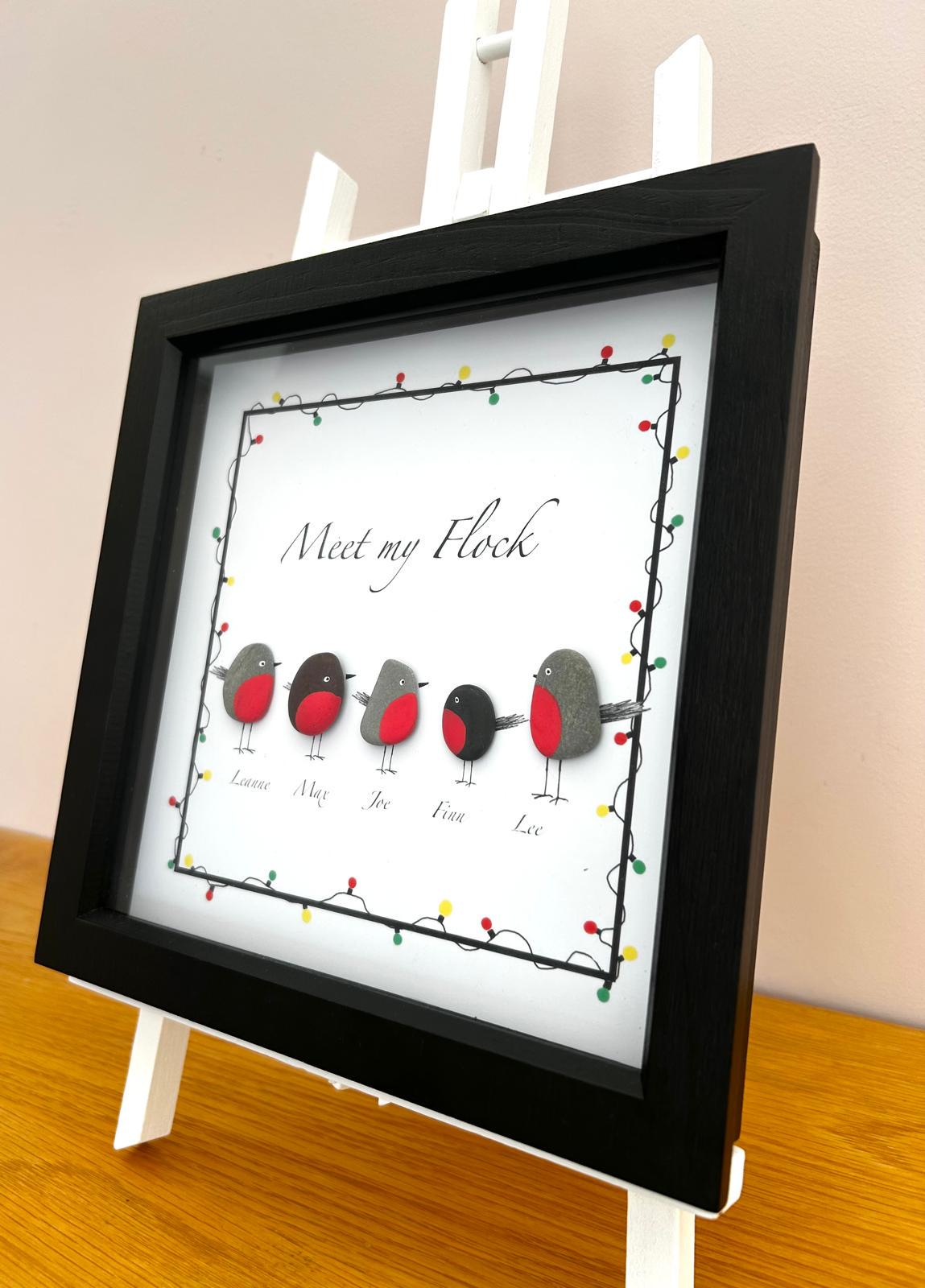 Personalised Pebble & Shell Robin Family Art – Handmade Picture with Custom Names – Coastal Home Decor Gift – UK Artist