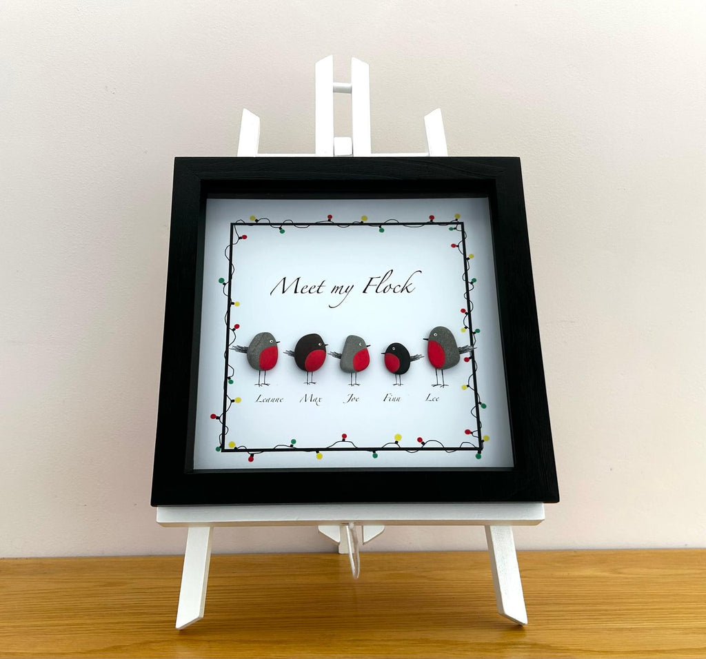 Personalised Pebble & Shell Robin Family Art – Handmade Picture with Custom Names – Coastal Home Decor Gift – UK Artist