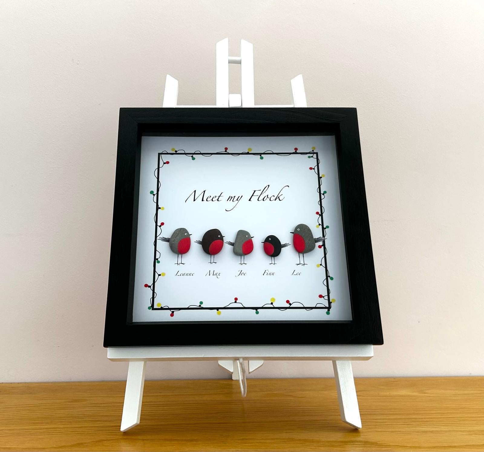 Personalised Pebble & Shell Robin Family Art – Handmade Picture with Custom Names – Coastal Home Decor Gift – UK Artist