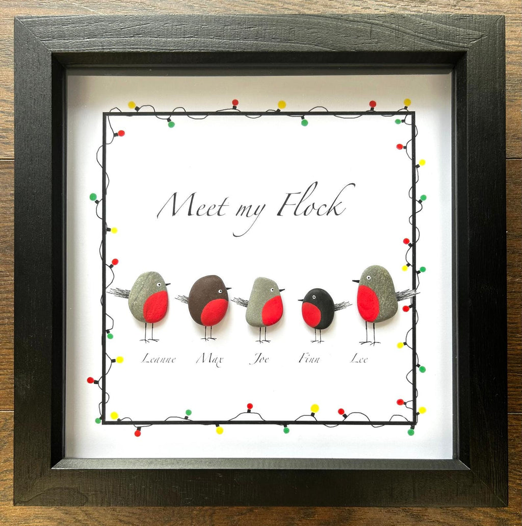 Personalised Pebble & Shell Robin Family Art – Handmade Picture with Custom Names – Coastal Home Decor Gift – UK Artist