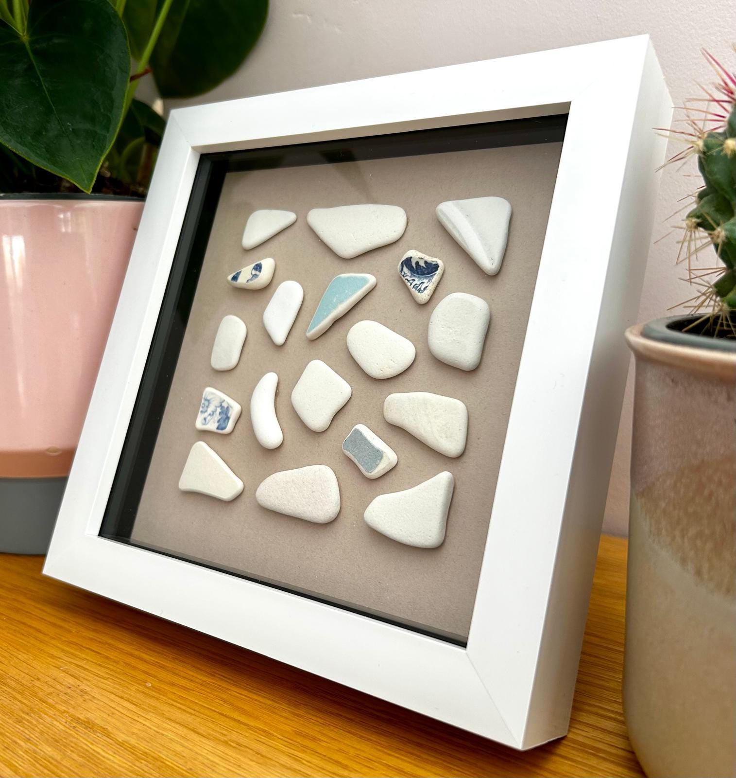 Handmade Sea Pottery Art: Coastal Wall Decor in White Frame