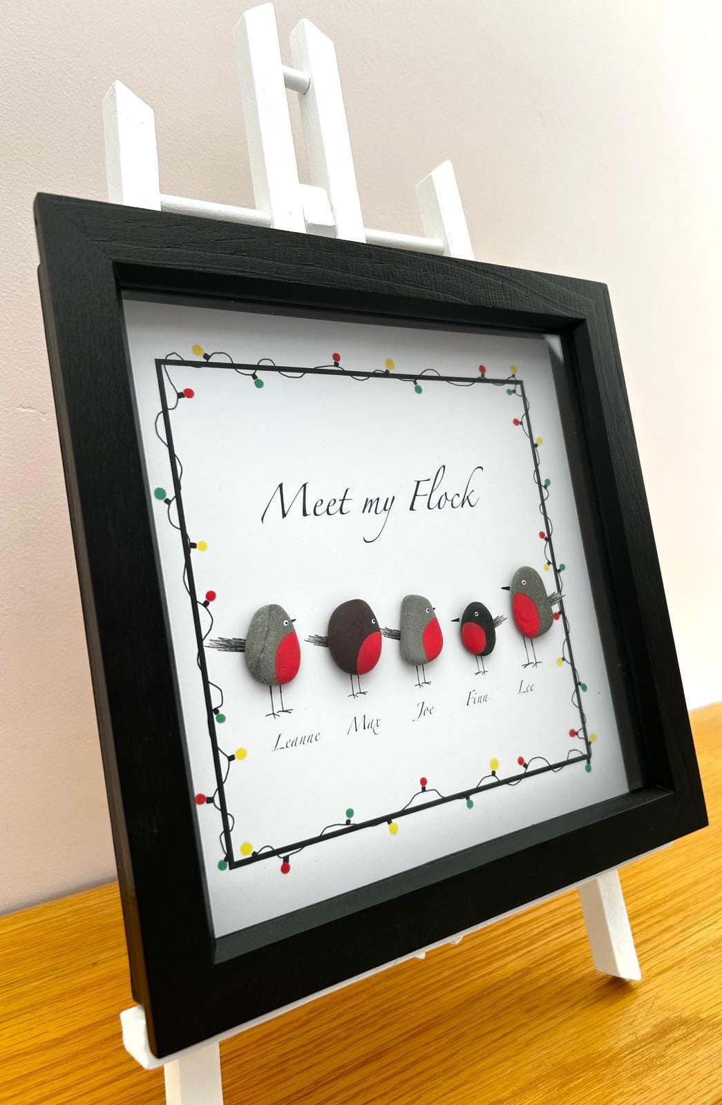 Personalised Pebble & Shell Robin Family Art – Handmade Picture with Custom Names – Coastal Home Decor Gift – UK Artist