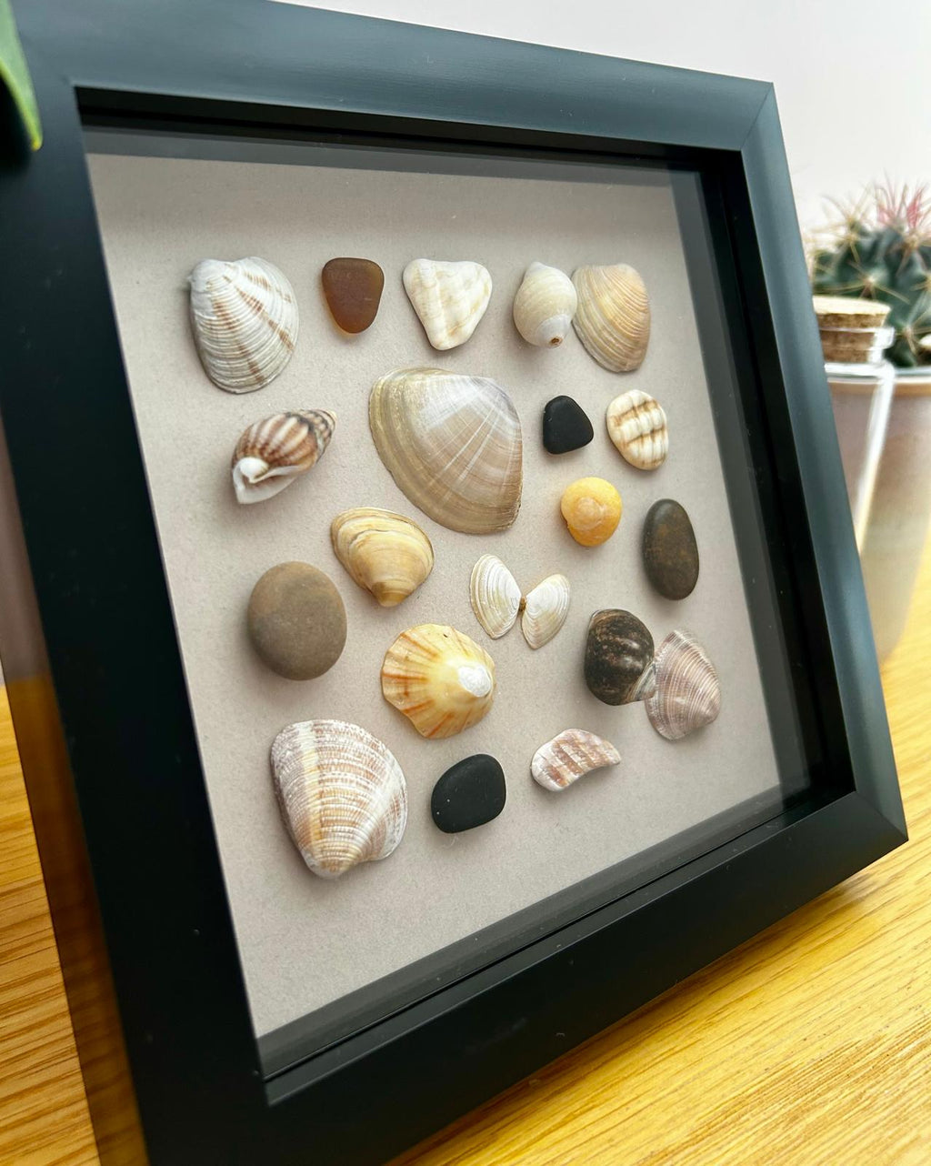 Handmade Cornish Seashell Art: Coastal Wall Decor in Black Frame