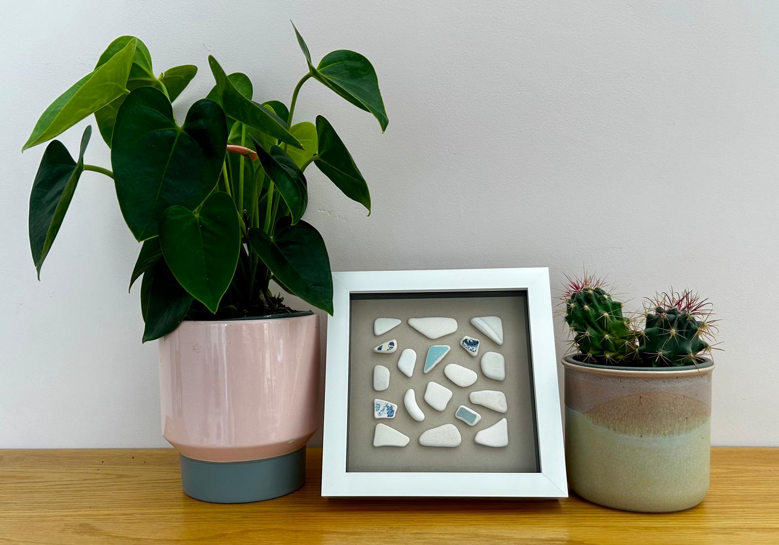 Handmade Sea Pottery Art: Coastal Wall Decor in White Frame
